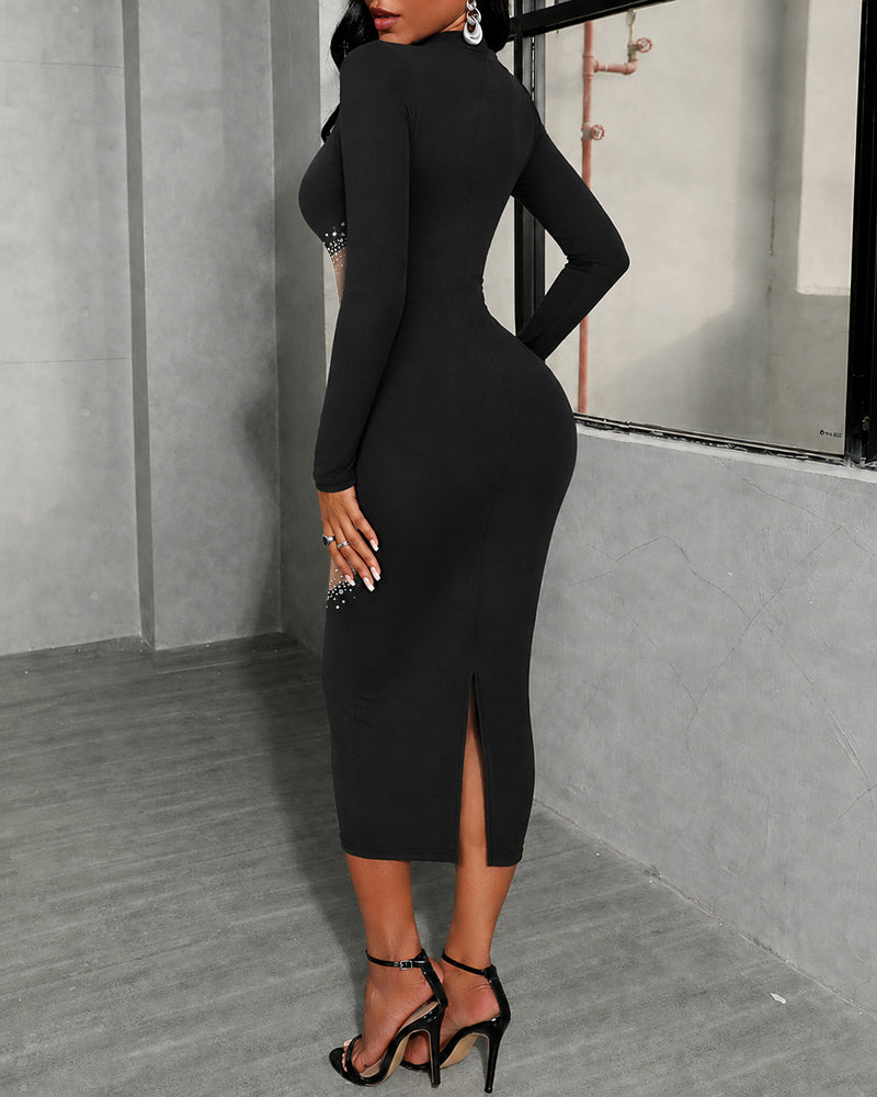 Rhinestone Sheer Mesh Mock Neck Midi Dress - Long Sleeve Bodycon