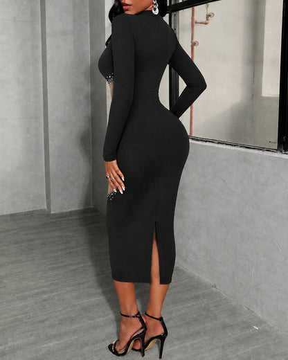 Rhinestone Sheer Mesh Mock Neck Midi Dress - Long Sleeve Bodycon