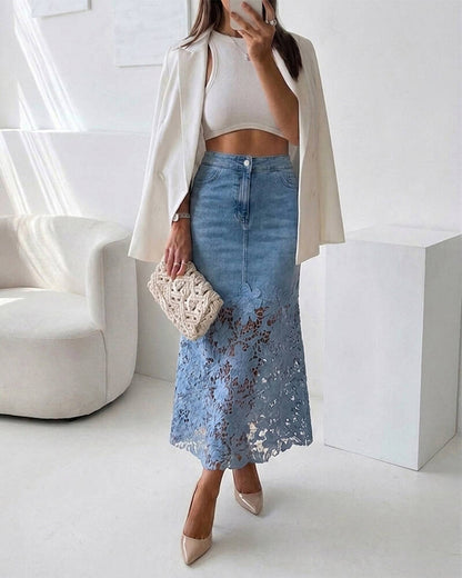 Lace Hem Denim Midi Skirt - High Waisted Guipure Lace Jean Skirt