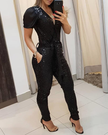 Sequin Plunge Neck Jumpsuit - Sheer Mesh Sleeve with Belt