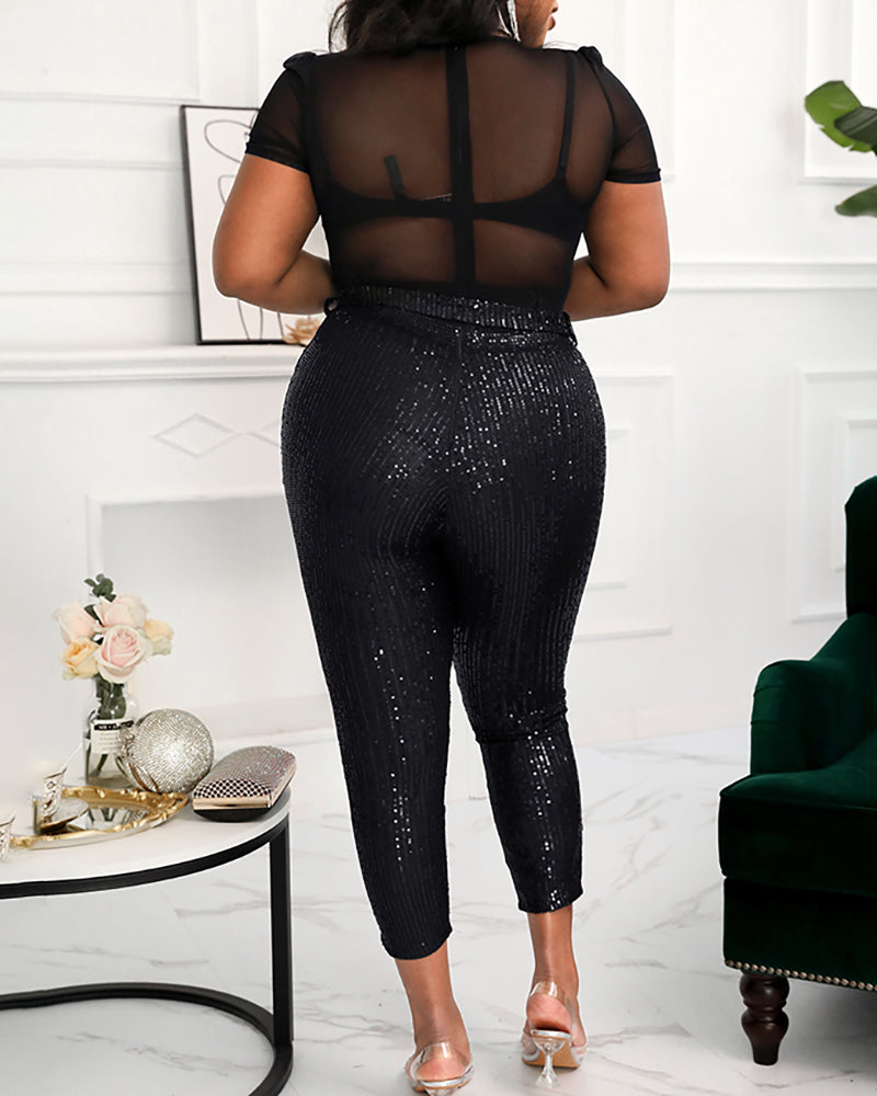 Sequin Plunge Neck Jumpsuit - Sheer Mesh Sleeve with Belt