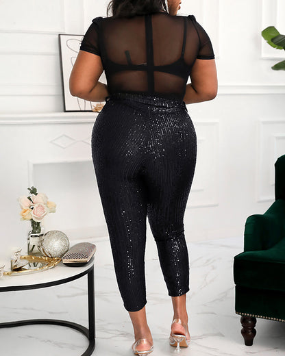 Sequin Plunge Neck Jumpsuit - Sheer Mesh Sleeve with Belt
