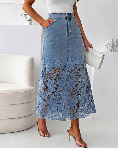 Lace Hem Denim Midi Skirt - High Waisted Guipure Lace Jean Skirt