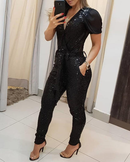 Sequin Plunge Neck Jumpsuit - Sheer Mesh Sleeve with Belt