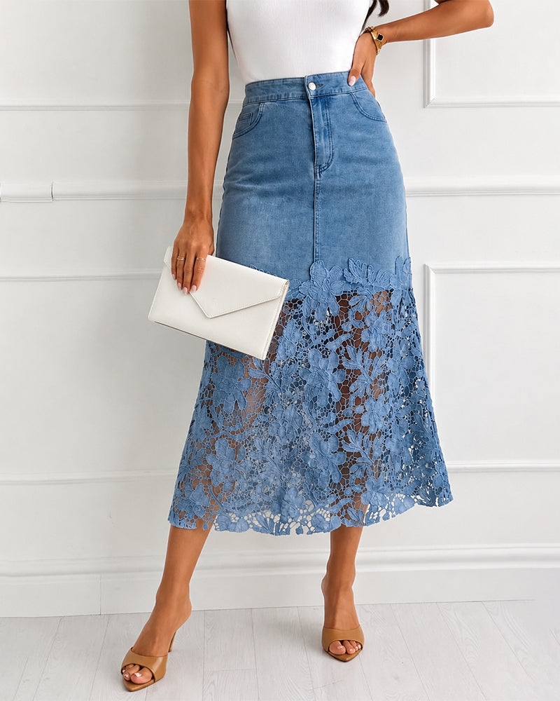 Lace Hem Denim Midi Skirt - High Waisted Guipure Lace Jean Skirt